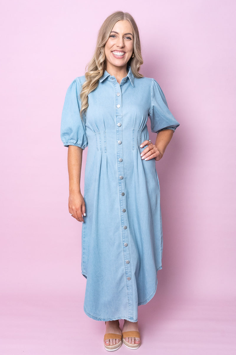 Denim Midi Shirt Dress - Light Denim