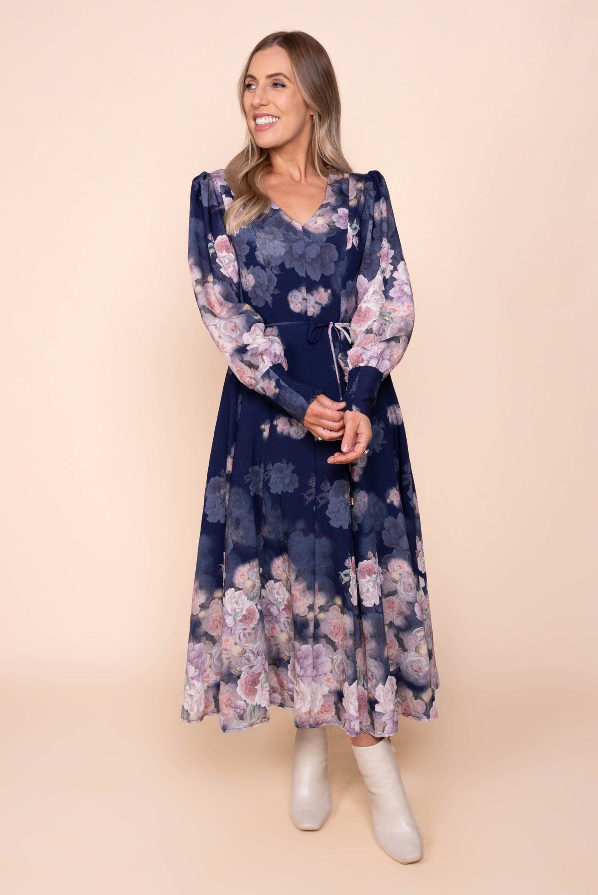 Felica Floral Border Midi Dress in Navy