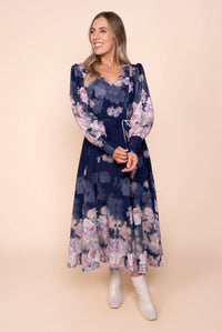 Felica Floral Border Midi Dress in Navy