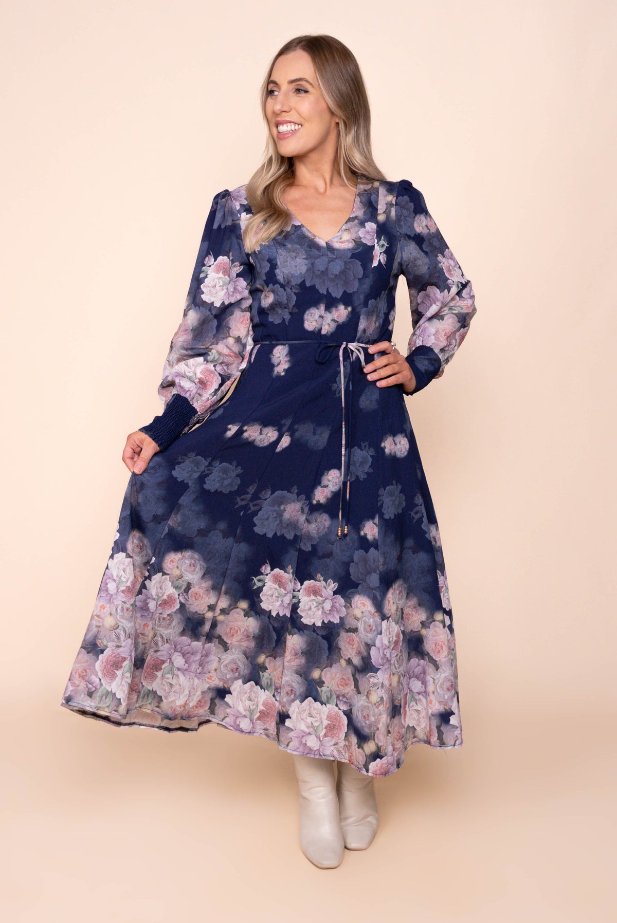 Felica Floral Border Midi Dress in Navy