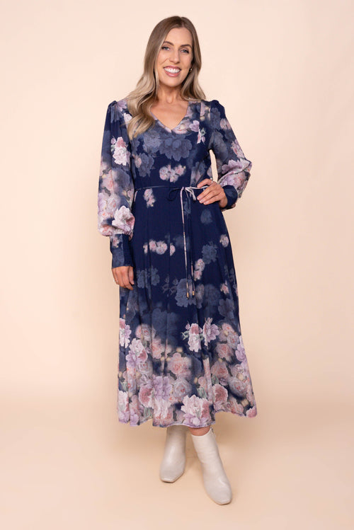 Felica Floral Border Midi Dress in Navy