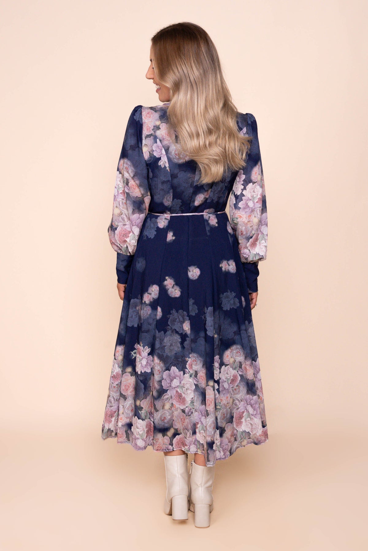 Felica Floral Border Midi Dress in Navy