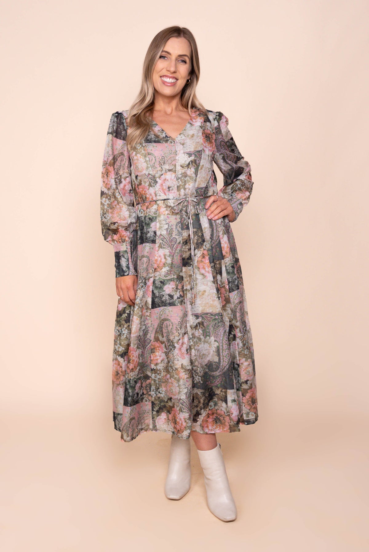 Solange Floral Midi Dress in Olive