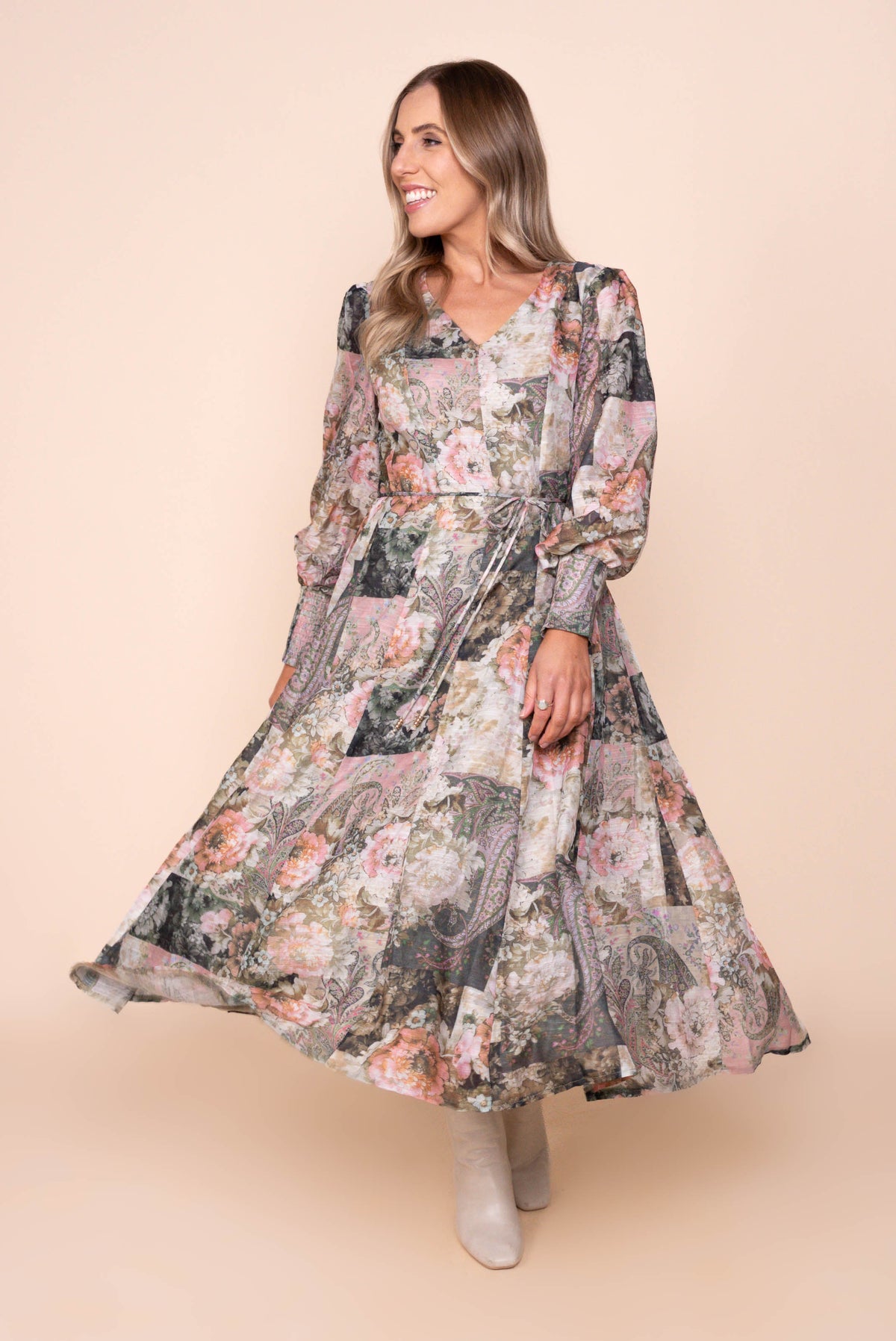 Solange Floral Midi Dress in Olive