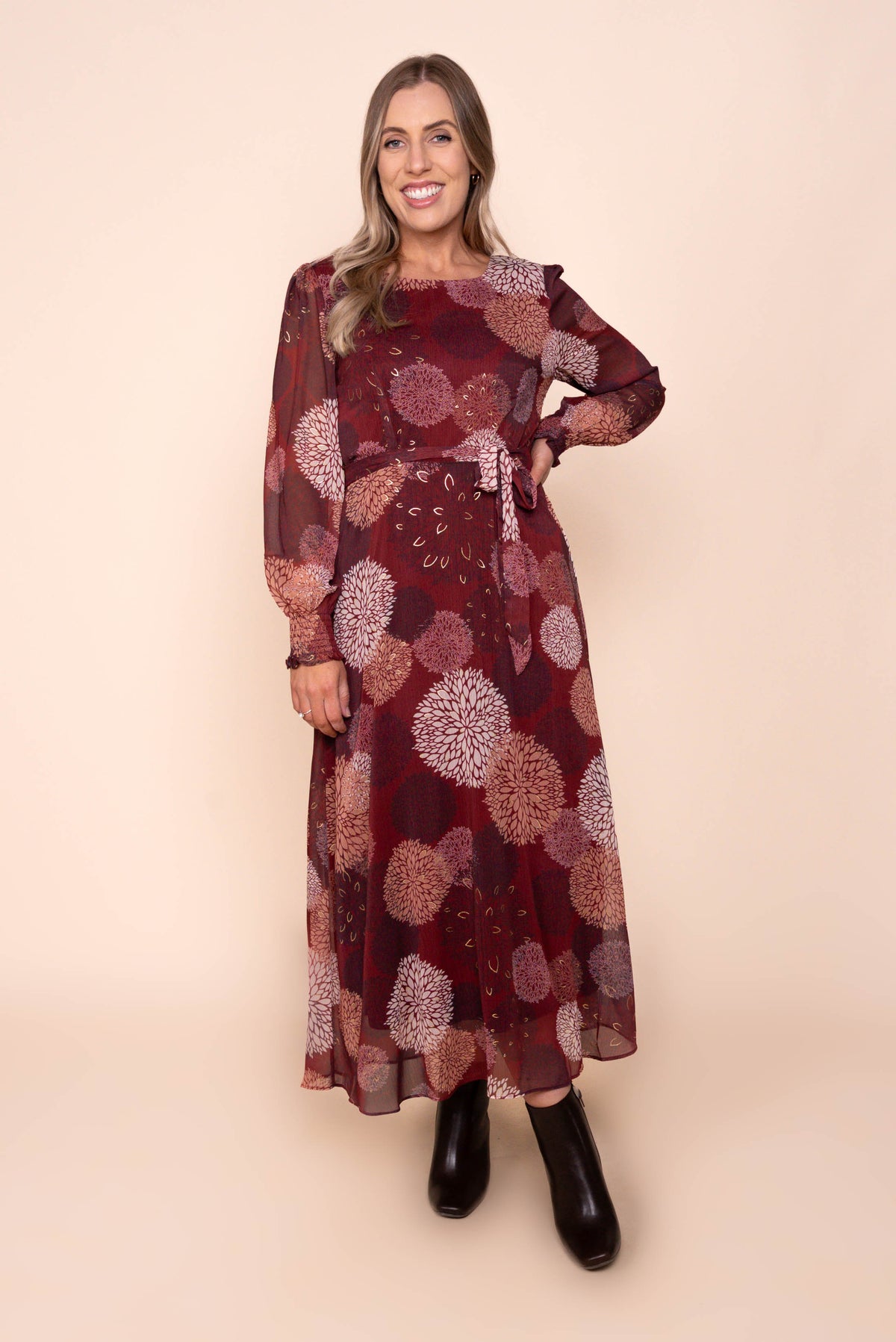 Fortuna Gold Foil Maxi Dress in Burgundy