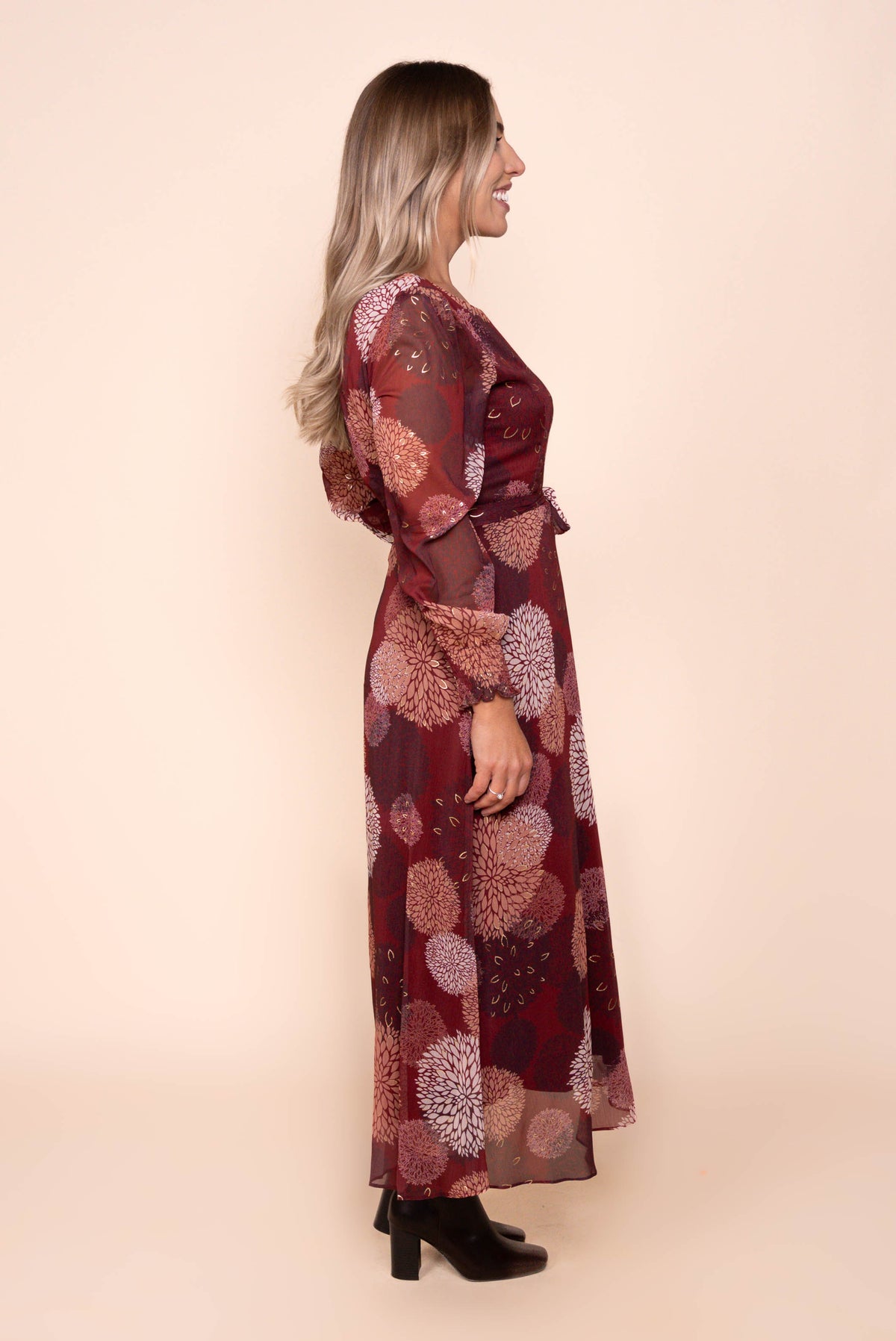 Fortuna Gold Foil Maxi Dress in Burgundy