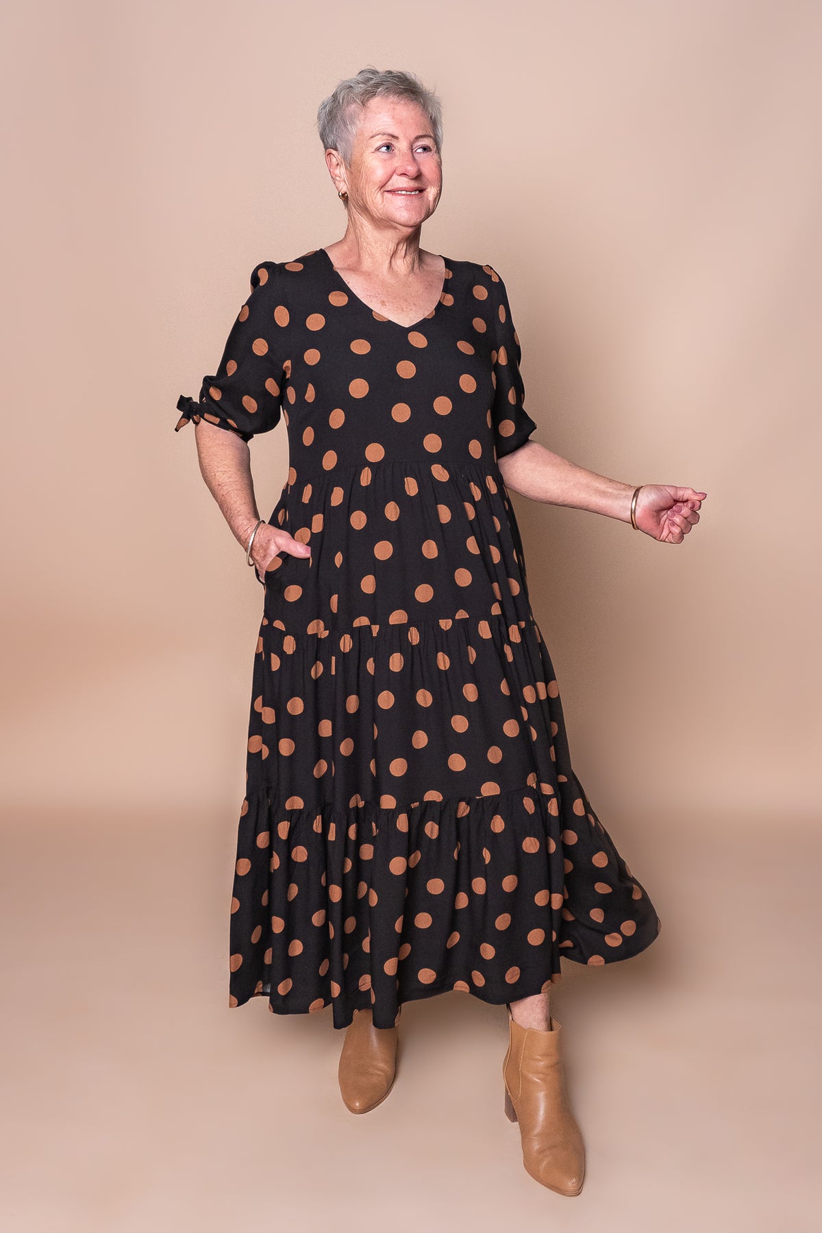 Gayle Polka Dot Midi Dress in Black