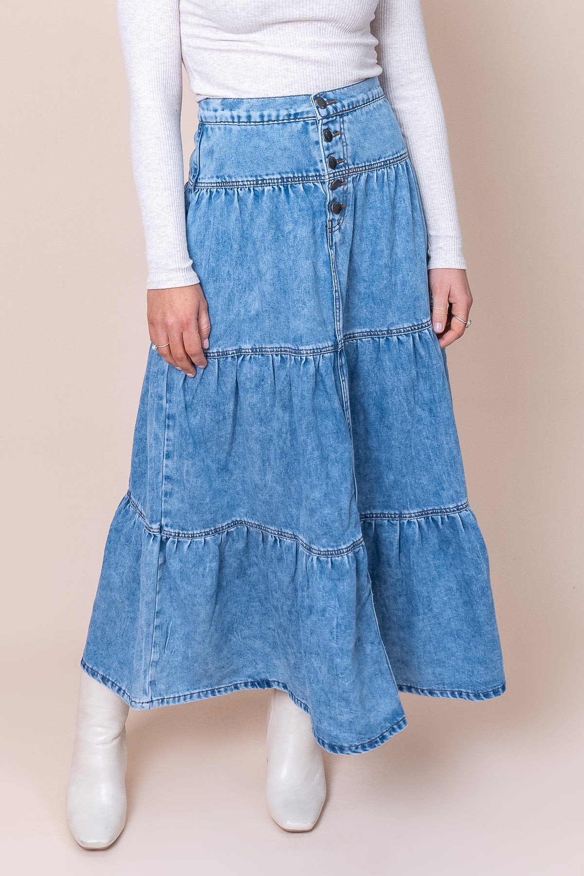 Coco Denim Maxi Skirt in Light Blue - All About Eve