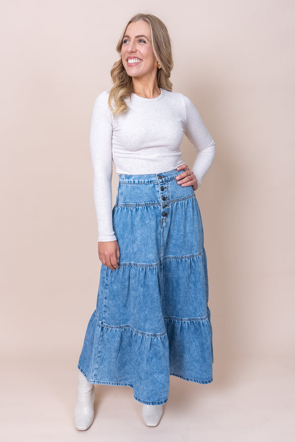 Coco Denim Maxi Skirt in Light Blue - All About Eve