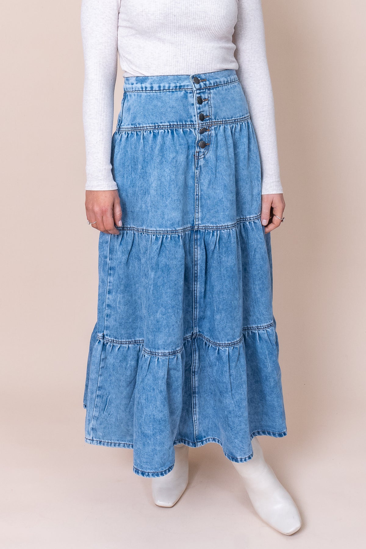 Coco Denim Maxi Skirt in Light Blue - All About Eve