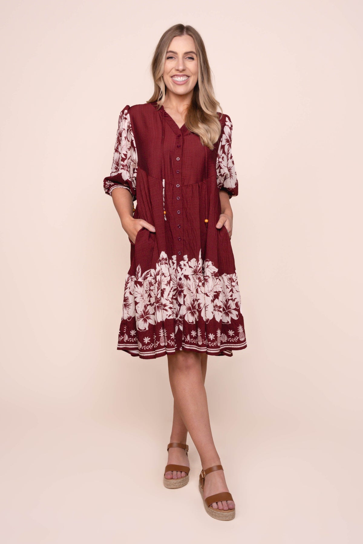 Antoni Floral Border Dress in Burgundy
