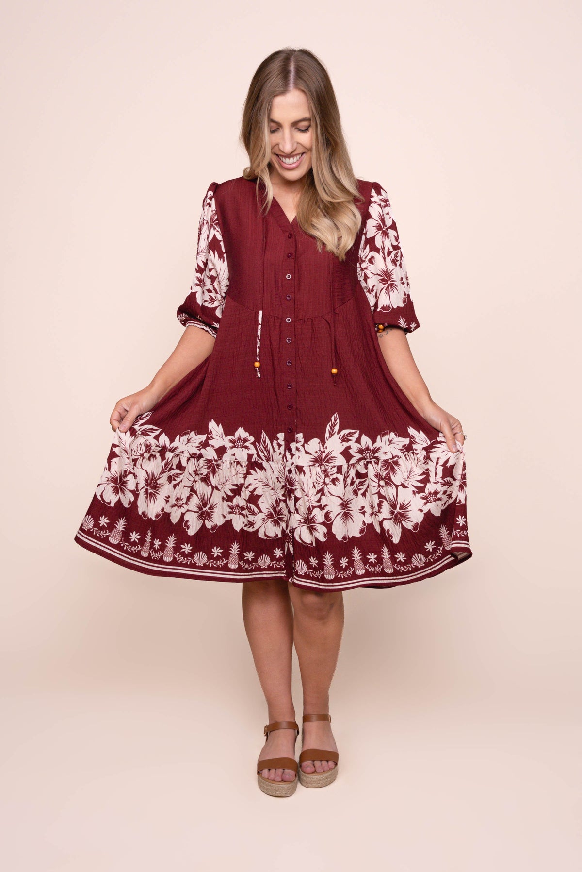Antoni Floral Border Dress in Burgundy