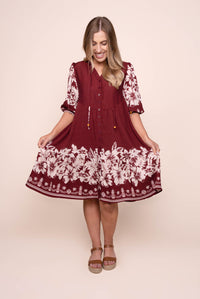 Antoni Floral Border Dress in Burgundy