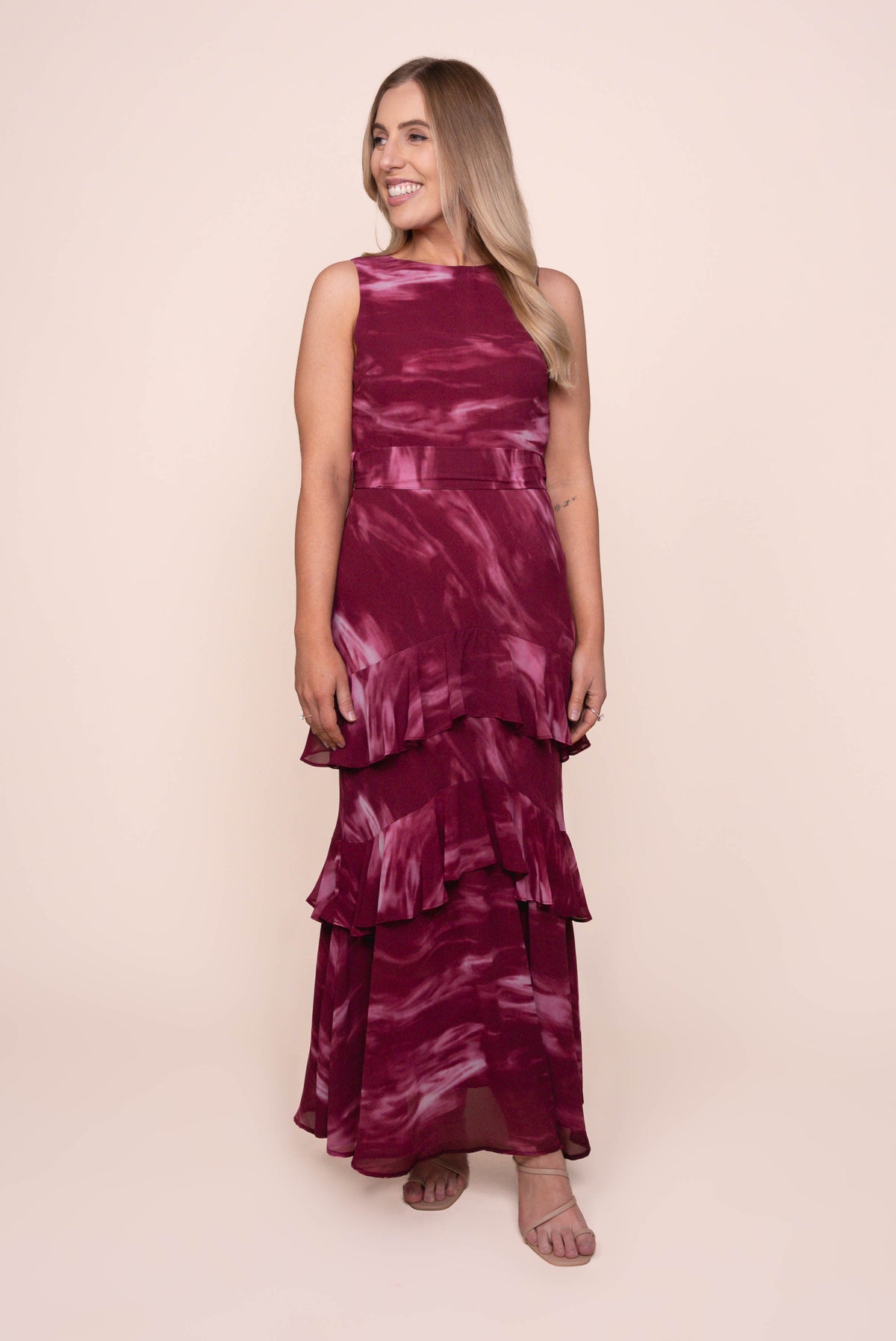 Gianna Ruffle Maxi Dress in Burgundy