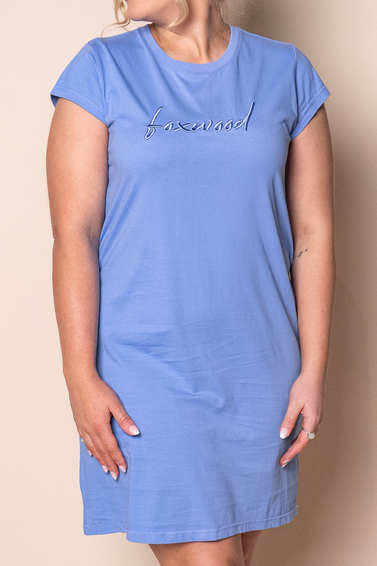 Signature Embroidery Tee Dress in Neon Blue - Foxwood