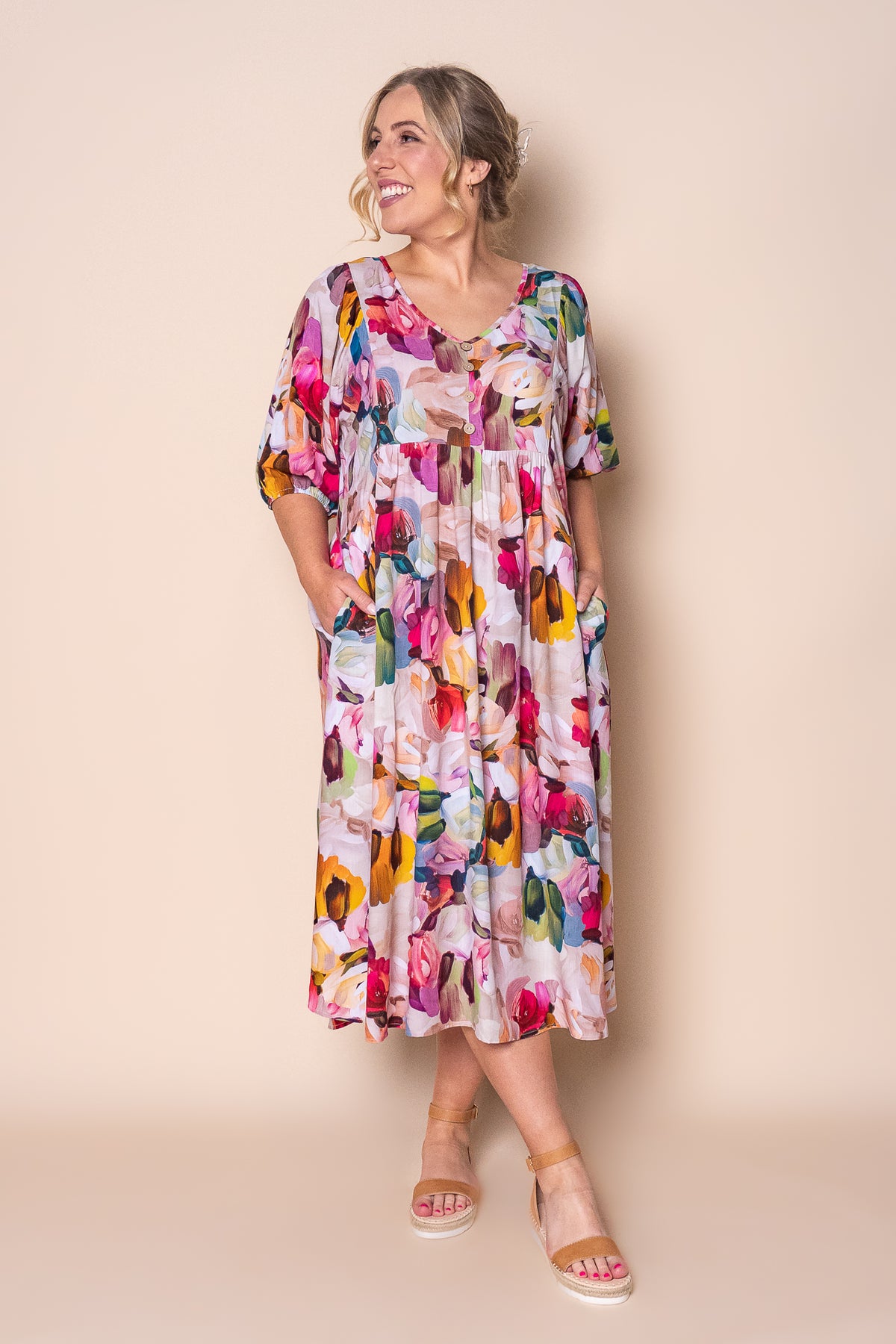 Simona Midi Dress in Pink Multi