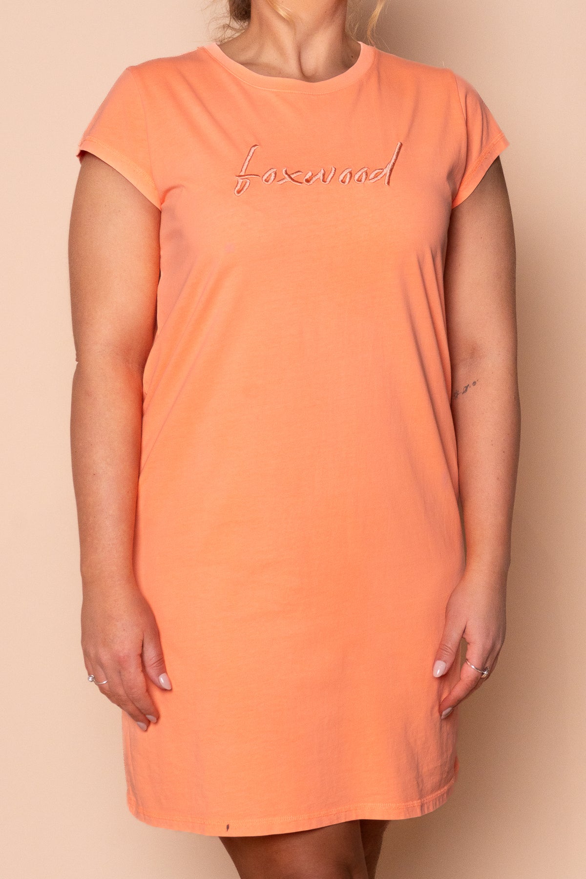 Signature Embroidery Tee Dress in Neon Peach - Foxwood