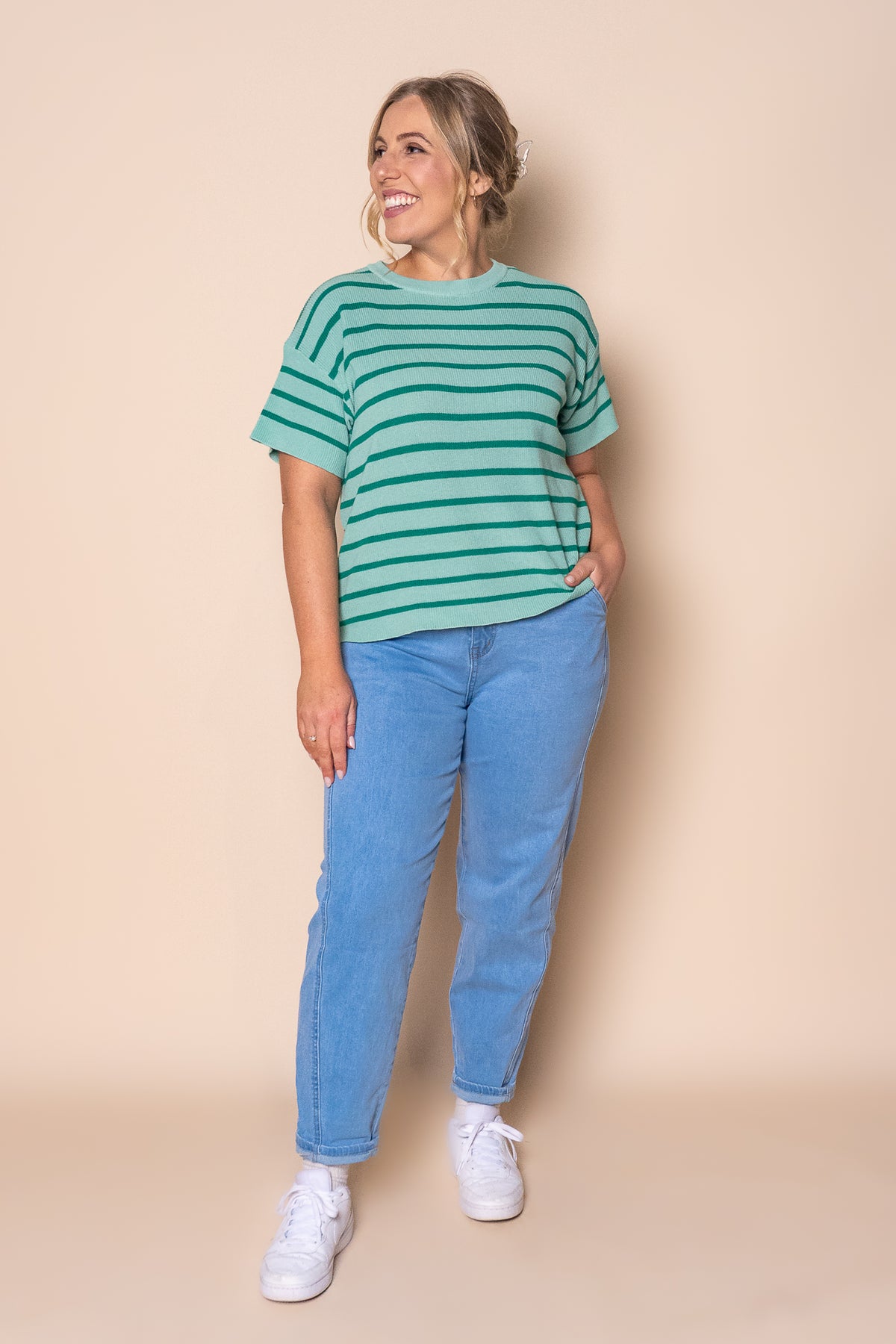 Kiley S/S Striped Knit Top in Mint
