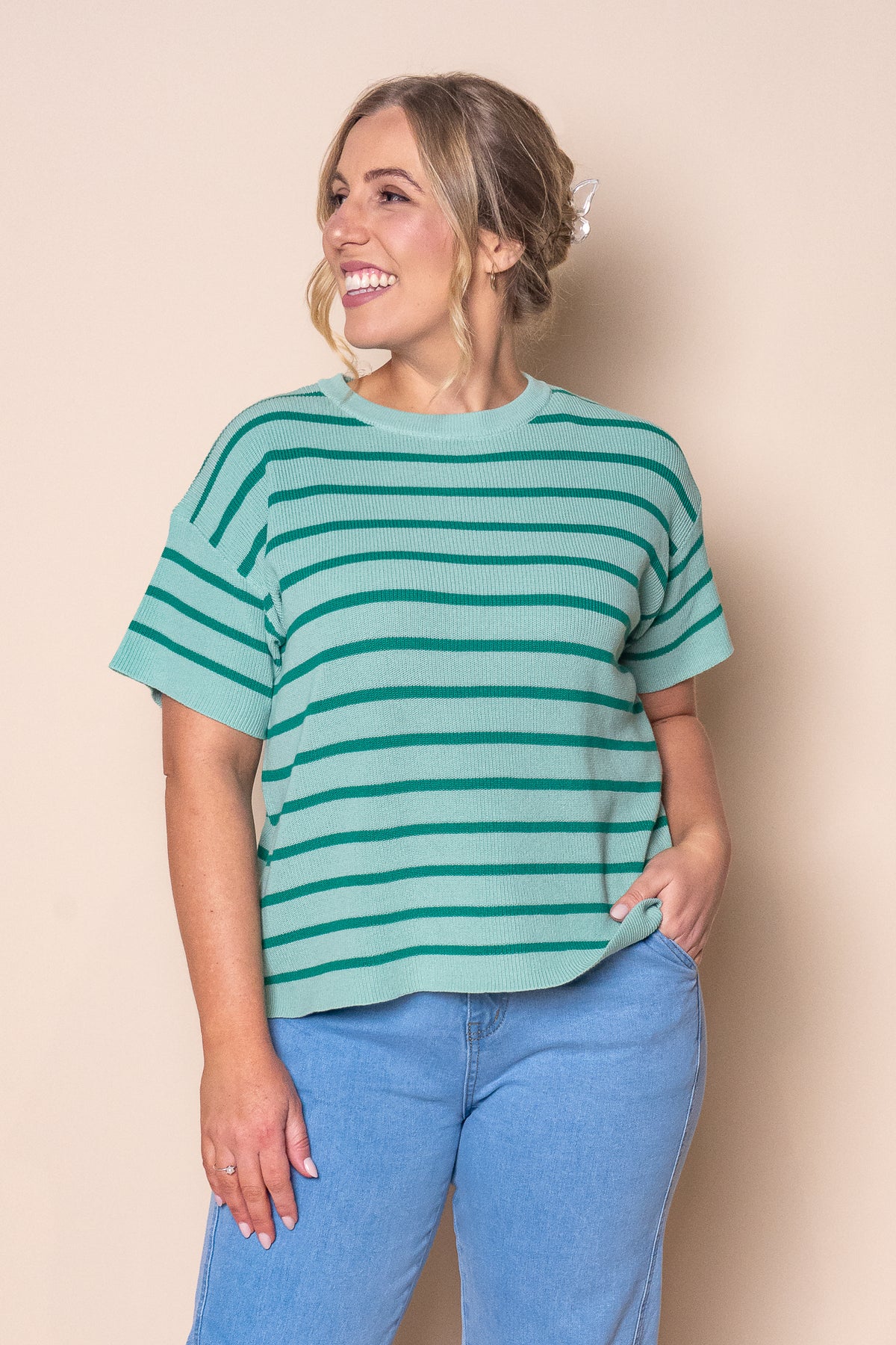 Kiley S/S Striped Knit Top in Mint
