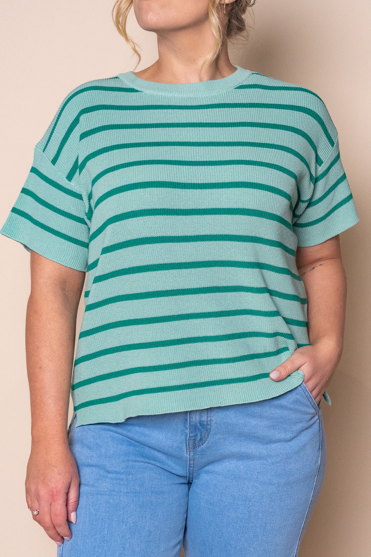 Kiley S/S Striped Knit Top in Mint