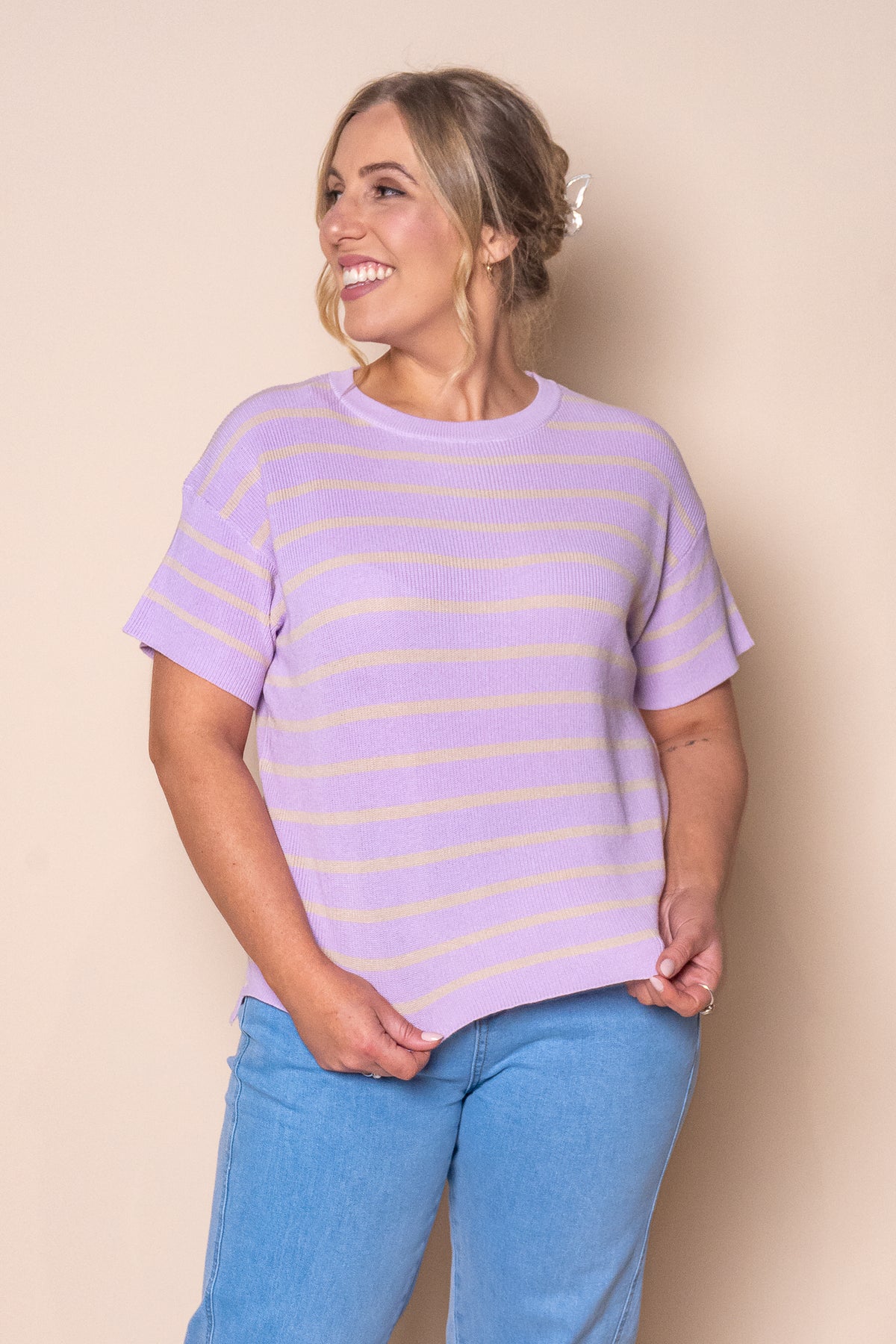Kiley S/S Striped Knit Top in Lilac
