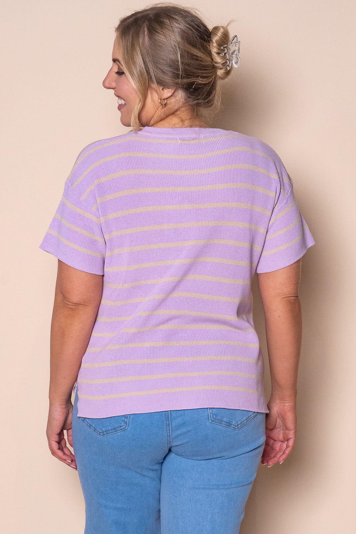 Kiley S/S Striped Knit Top in Lilac