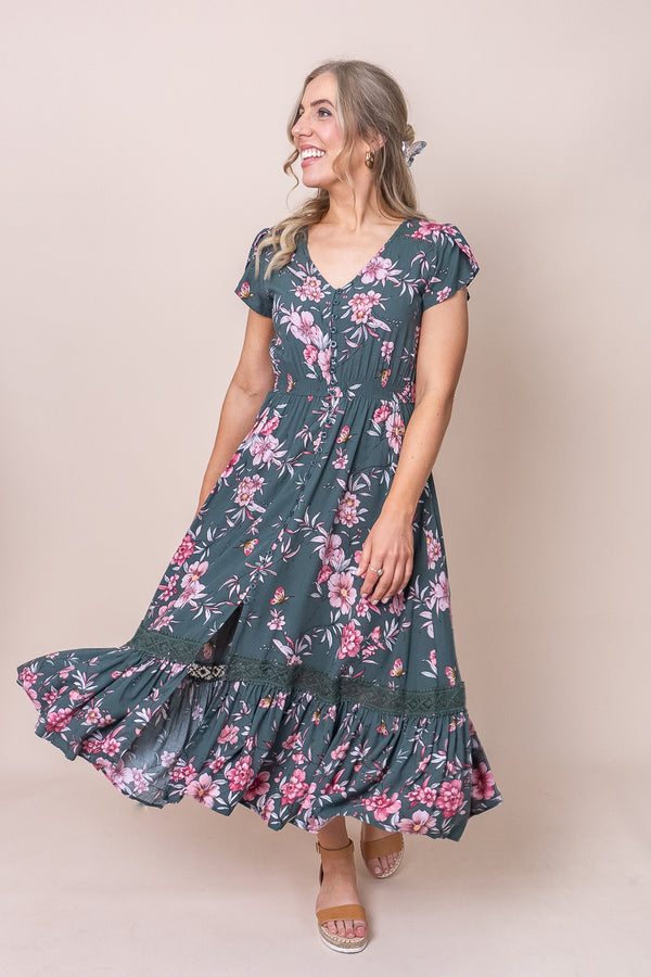 Wendie Midi Dress in Forest Green