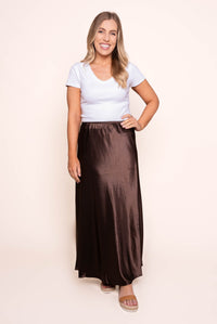 Rilla Satin Midi Skirt in Chocolate