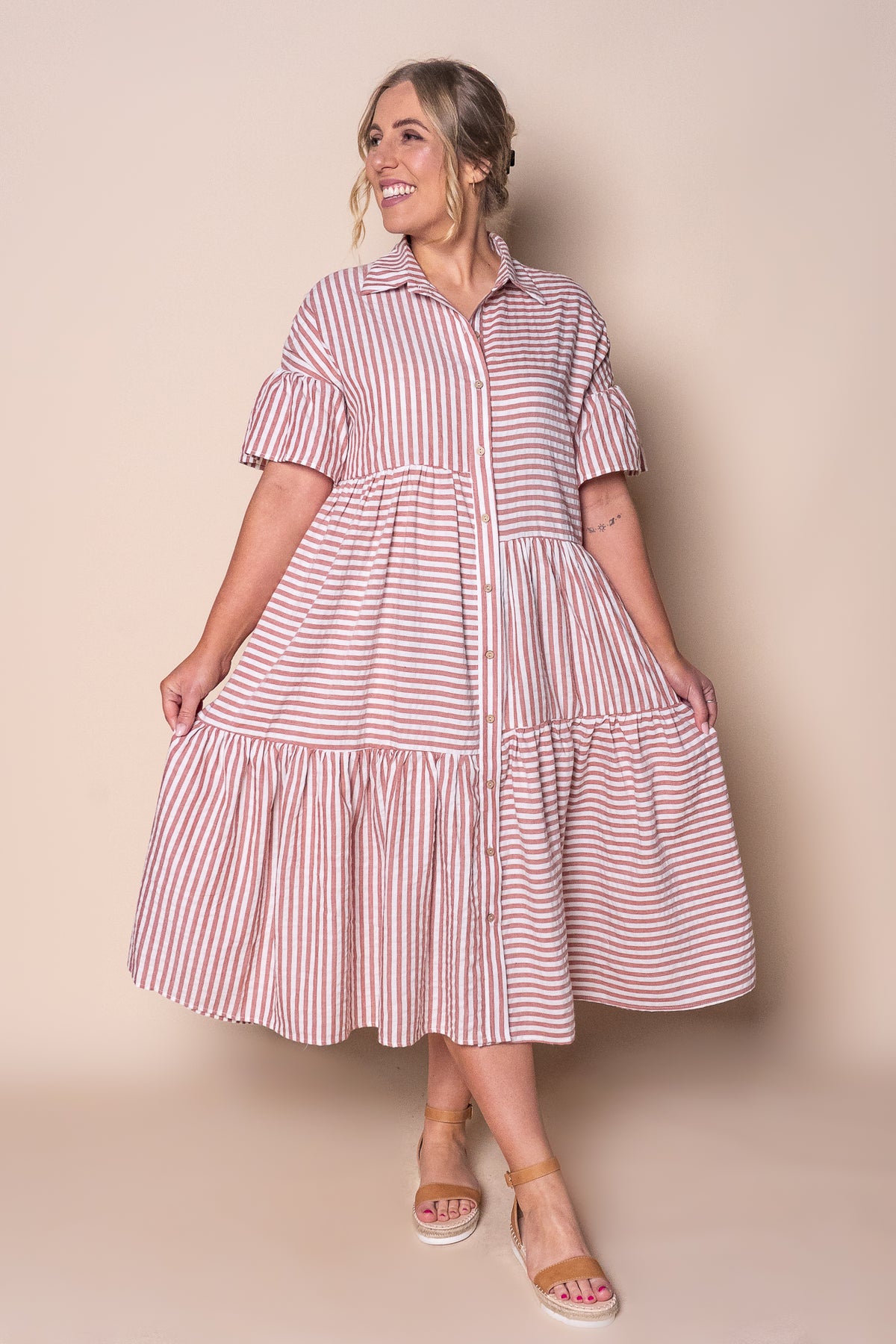 Kara Striped O/S Shirt Midi Dress in Terracotta