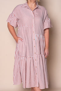 Kara Striped O/S Shirt Midi Dress in Terracotta