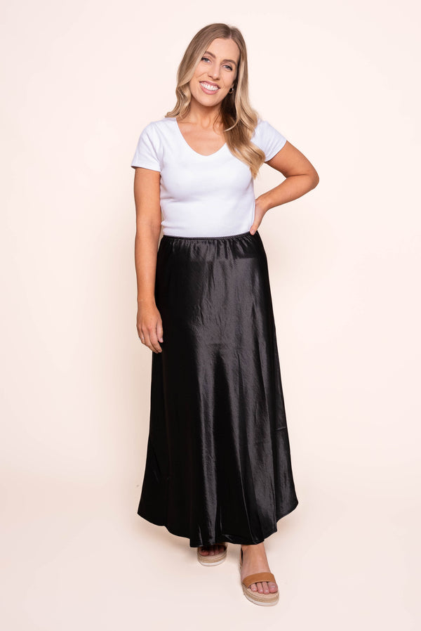 Rilla Satin Midi Skirt in Black