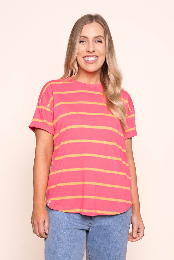 Halli S/S Tee in Pink Lemonade/Peach Stripe - Elm
