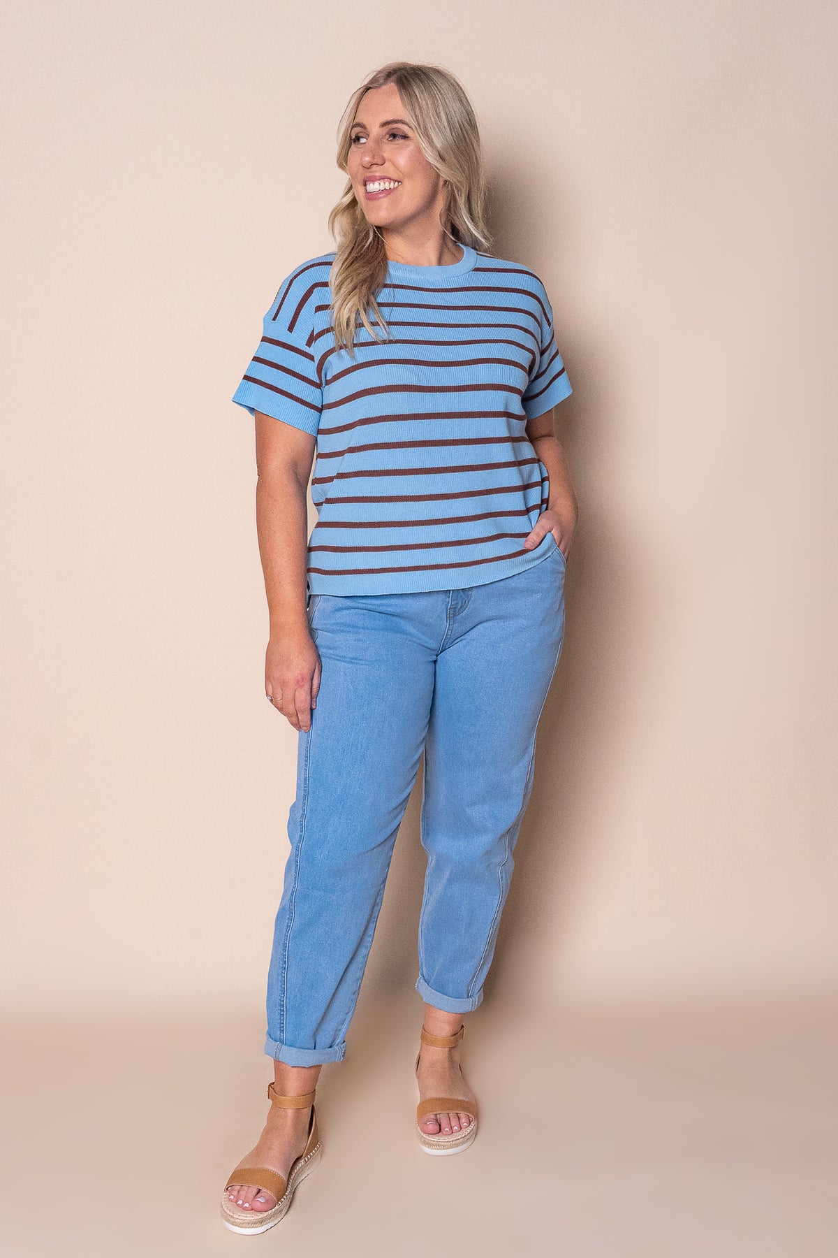 Kiley S/S Striped Knit Top in Blue