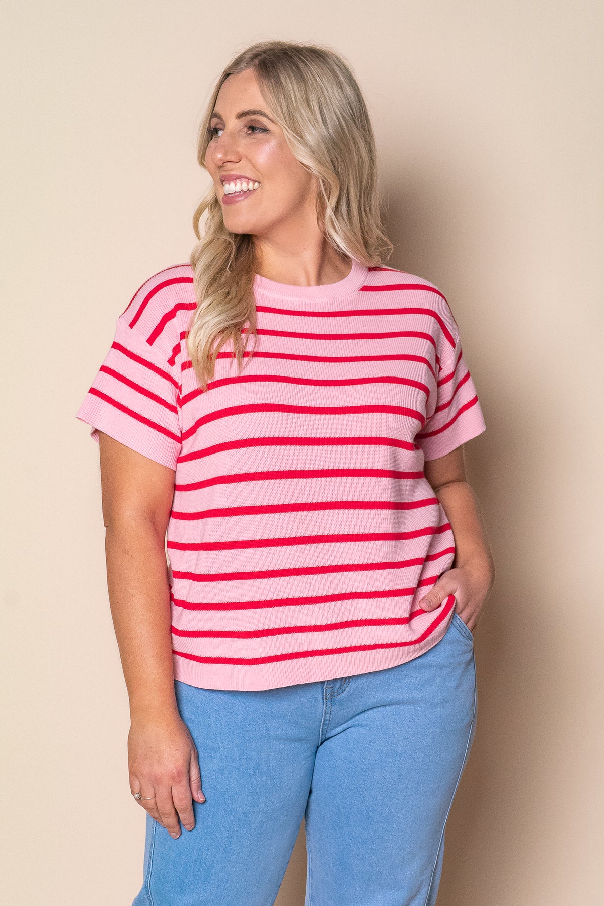 Kiley S/S Striped Knit Top in Pink
