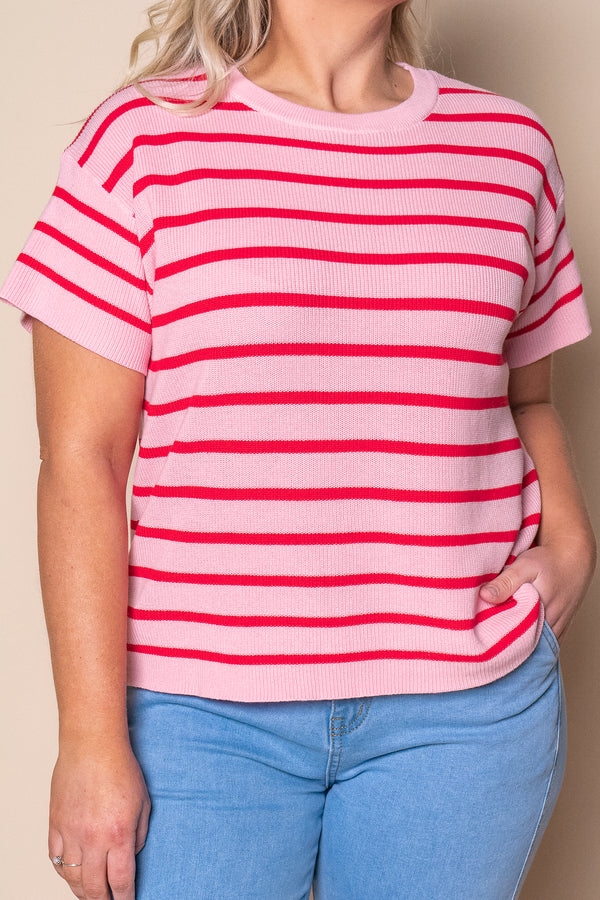 Kiley S/S Striped Knit Top in Pink