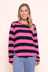Spritz Stripe L/S Tee in Hot Pink/Navy Stripe - Elm