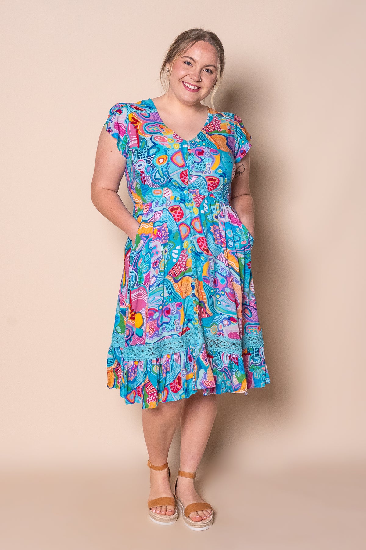 Vespera Cap Sleeve Dress in Turquoise