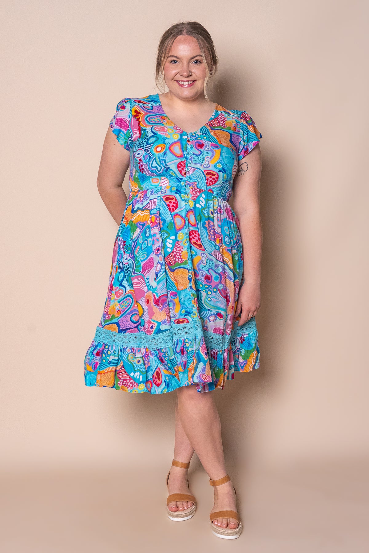 Vespera Cap Sleeve Dress in Turquoise