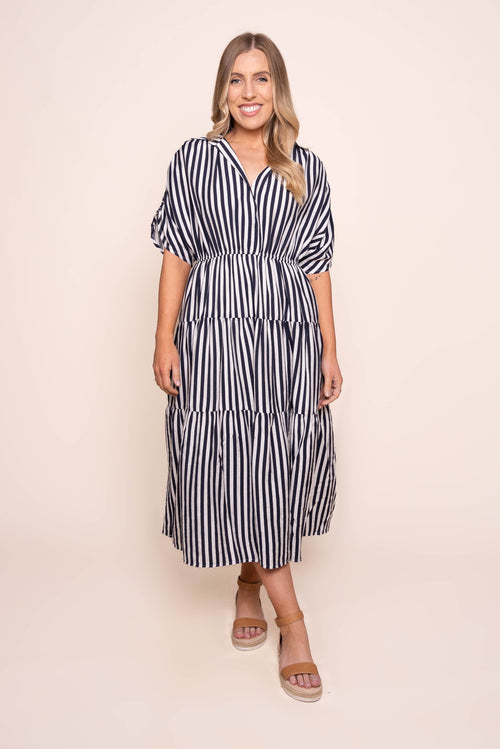 Allie Striped Midi Dress - Navy