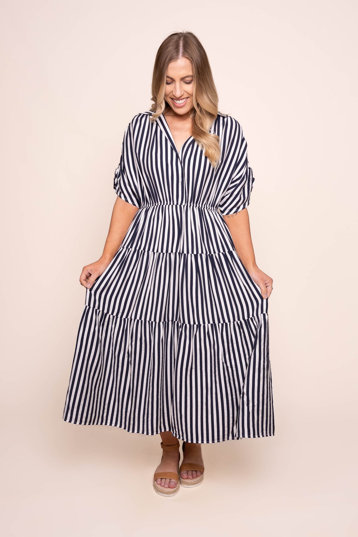 Allie Striped Midi Dress - Navy