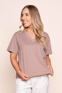 Renna S/S Striped Vee Tee in Mocha