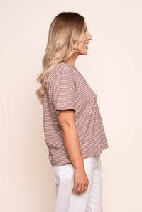 Renna S/S Striped Vee Tee in Mocha