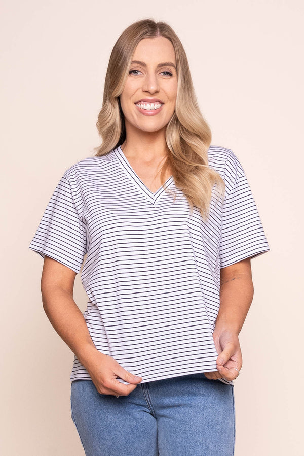 Renna S/S Striped Vee Tee in White