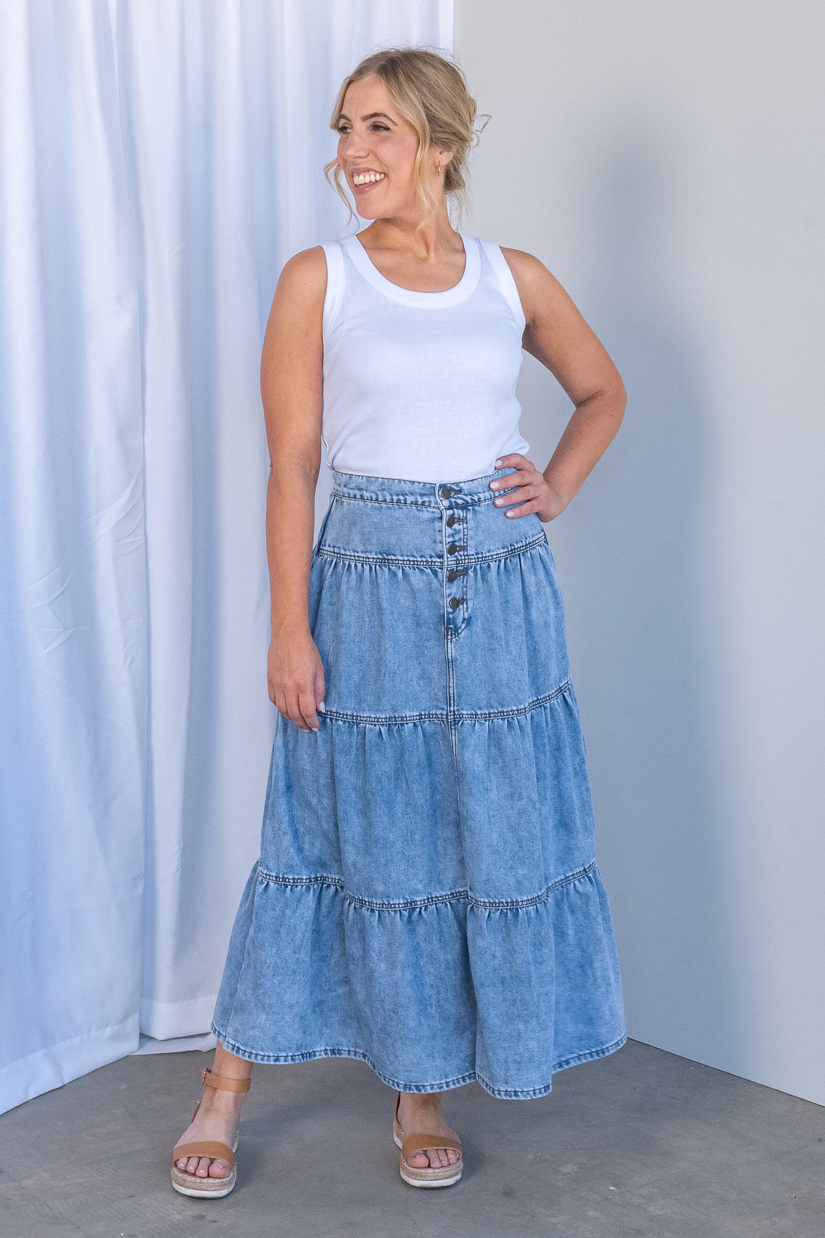 Coco Denim Maxi Skirt in Light Blue - All About Eve