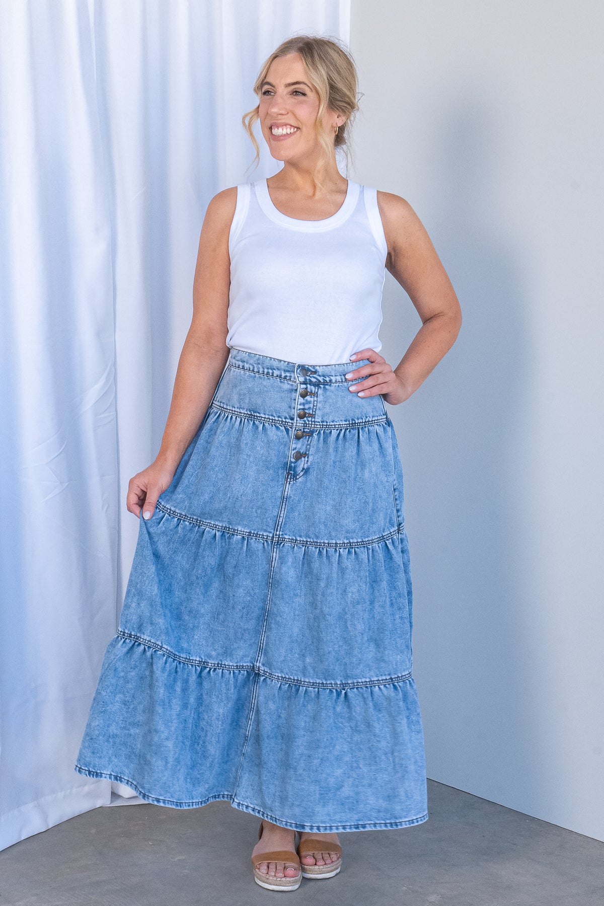 Coco Denim Maxi Skirt in Light Blue - All About Eve