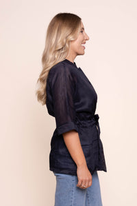 Kellianne Mandarin Collar Linen Top in Navy