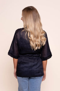 Kellianne Mandarin Collar Linen Top in Navy