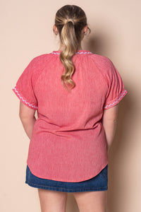 Lou S/S Embroidered Top in Red