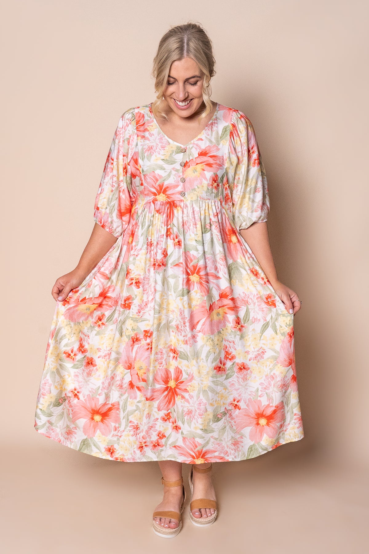 Peaches Midi Dress in Red Multi