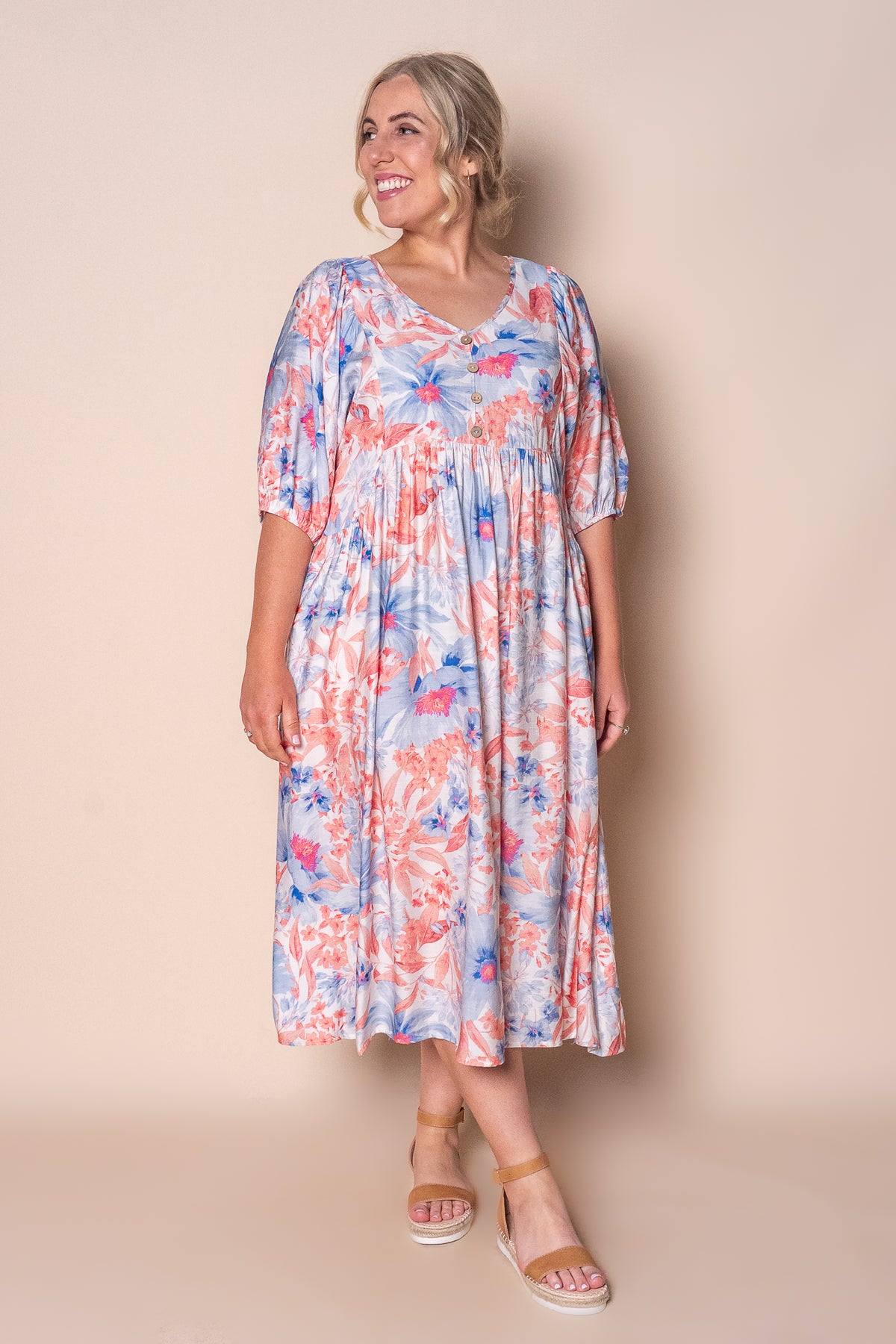 Peaches Midi Dress in Blue Multi